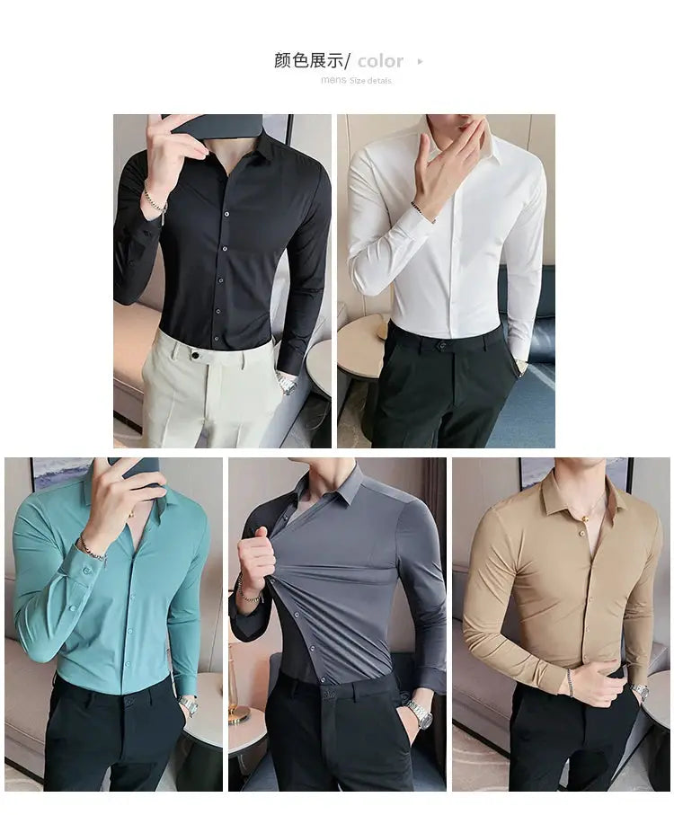 Simples Market plus-size men's long-sleeve seamless dress shirts in black, white, teal, gray and tan (set of five)