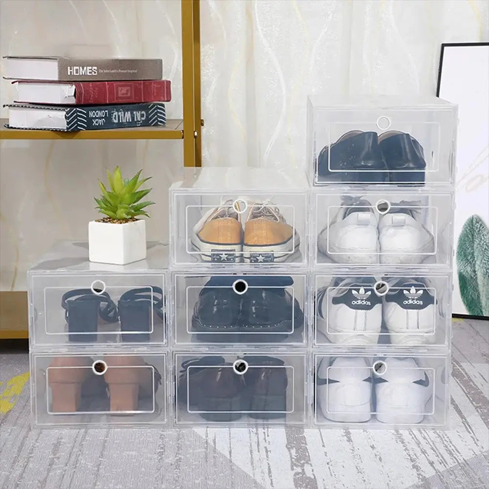 6 Pack Transparent Thickened Foldable Shoe Boxes Dustproof Stackable Storage Organizers For Shoes
