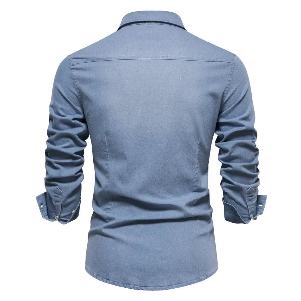 Men's light blue denim shirt, long sleeves, back view