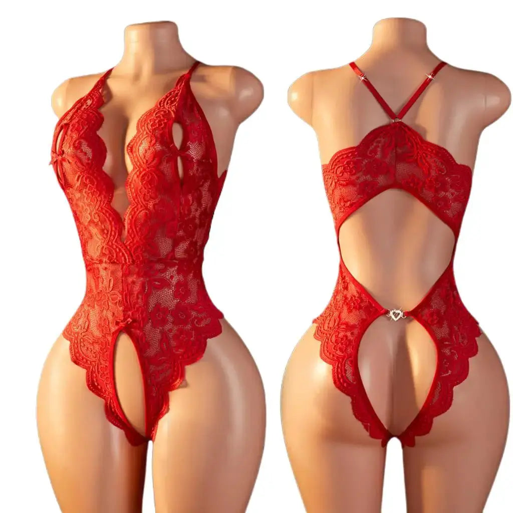 LaceLux Transparent Crotchless Lace Teddy Bodysuit With Sheer Floral Lace And Elastane Nylon Comfort
