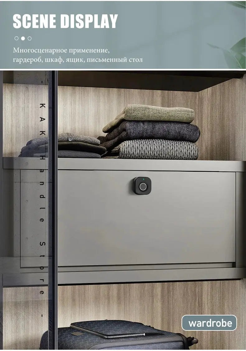 KAK Biometric Fingerprint Lock for cabinets/wardrobes; black keyless lock with fingerprint reader.