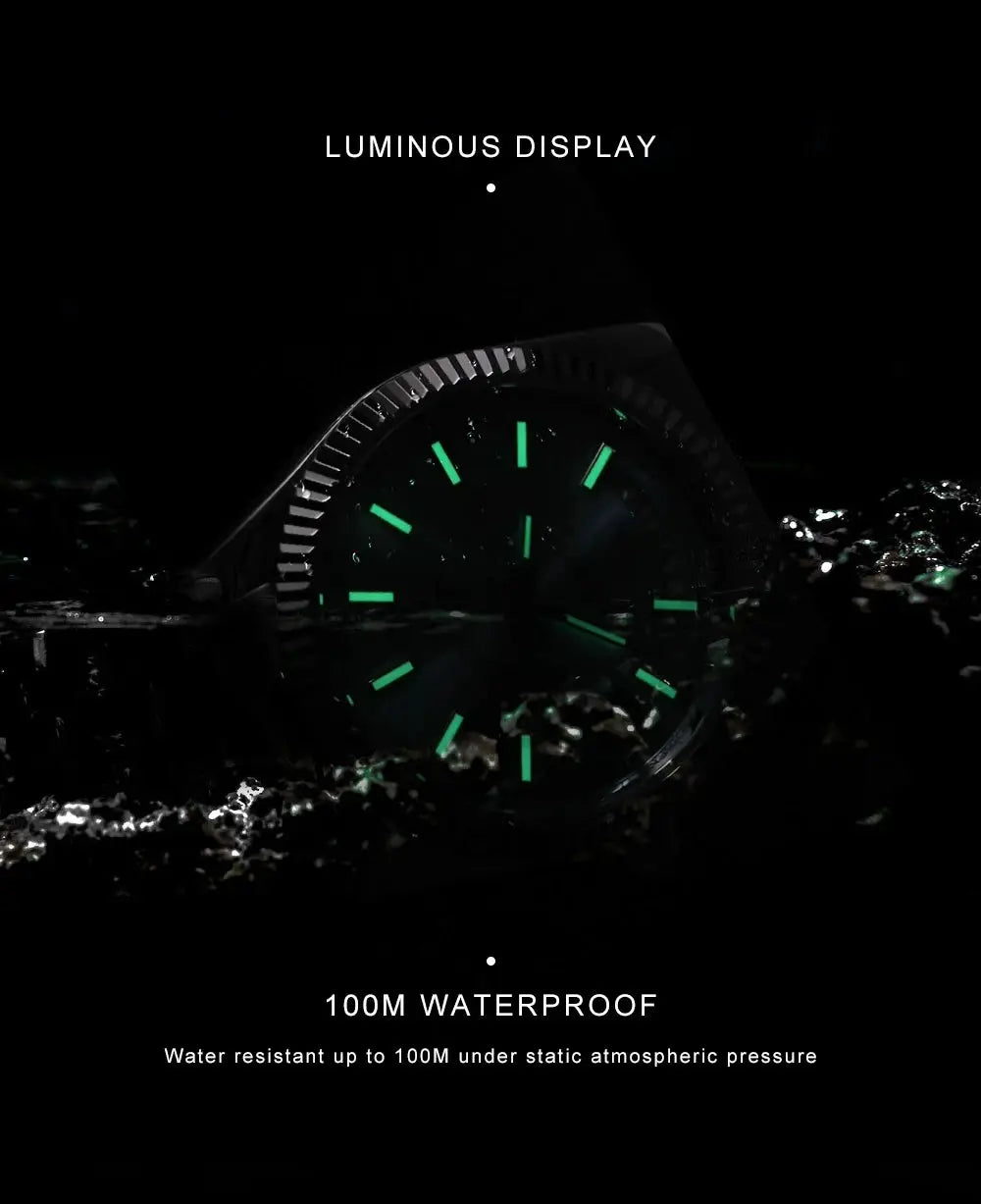 CADISEN DD40 men’s luxury automatic watch with green luminous indices, black dial, 100m water resistant.