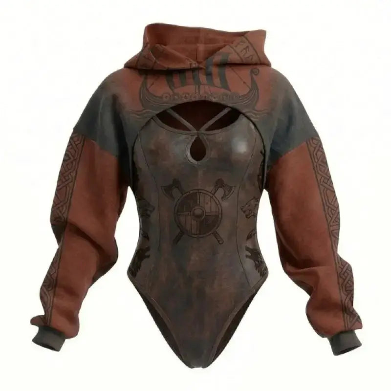 Viking print women's hooded jumpsuit with armor-inspired brown and black bodice and long sleeves