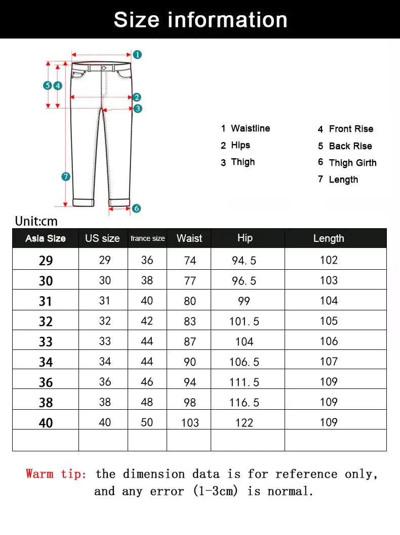 Men's blue denim jeans size chart with measurement diagram and Asia/US size table
