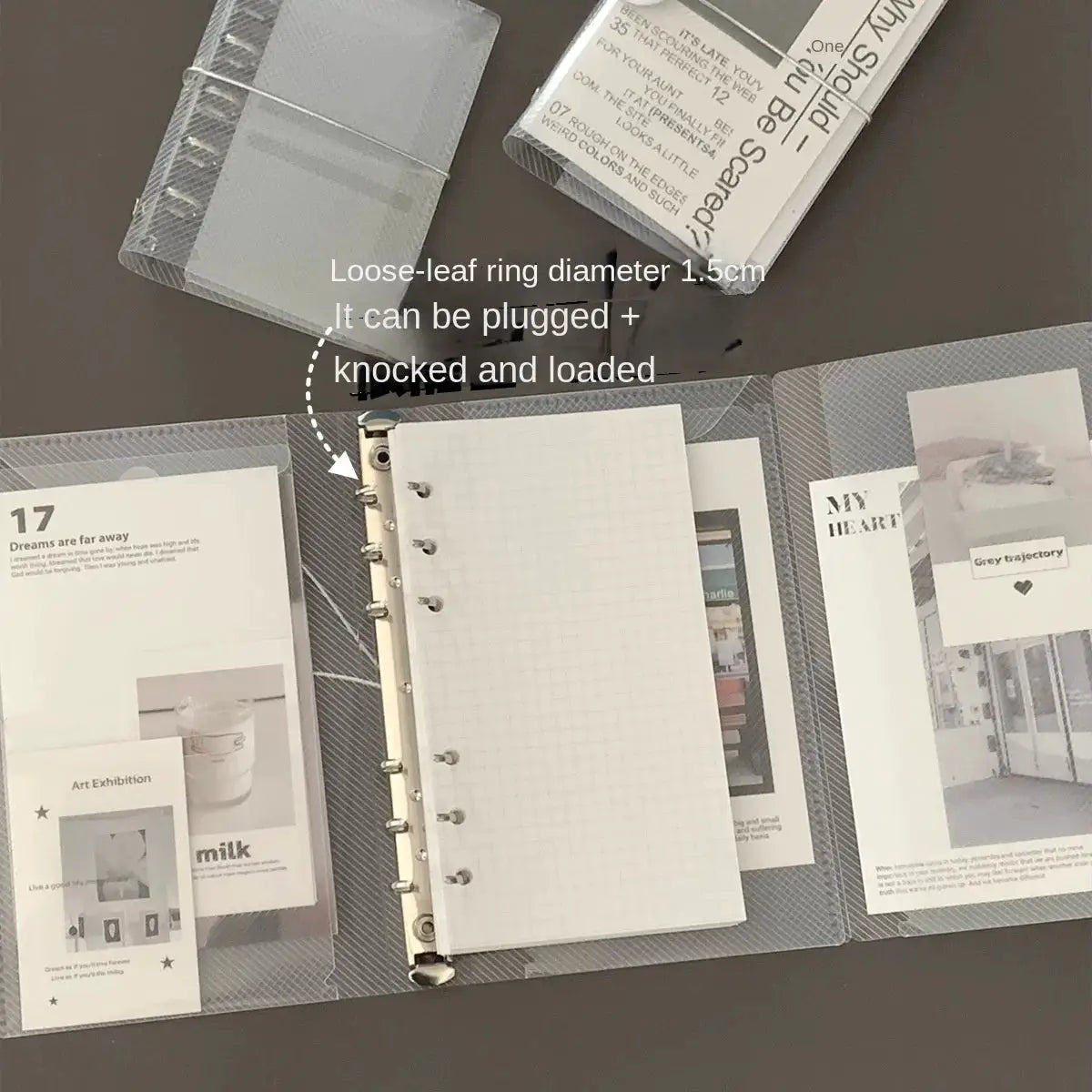 Three-fold clear PP notebook cover with loose-leaf rings and a grid-paper insert