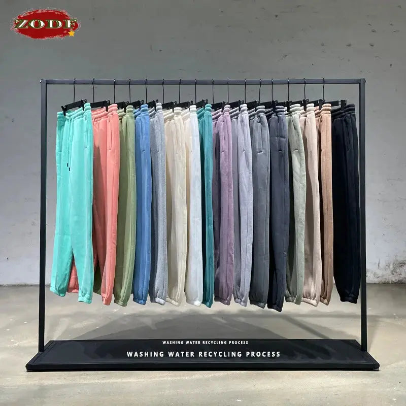 ZODF fleece sweatpants on a rack in multiple solid colors; unisex loose retro hip hop joggers
