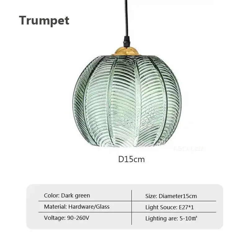 Nordic glass pendant light with a dark green leaf-pattern globe, 15 cm diameter.