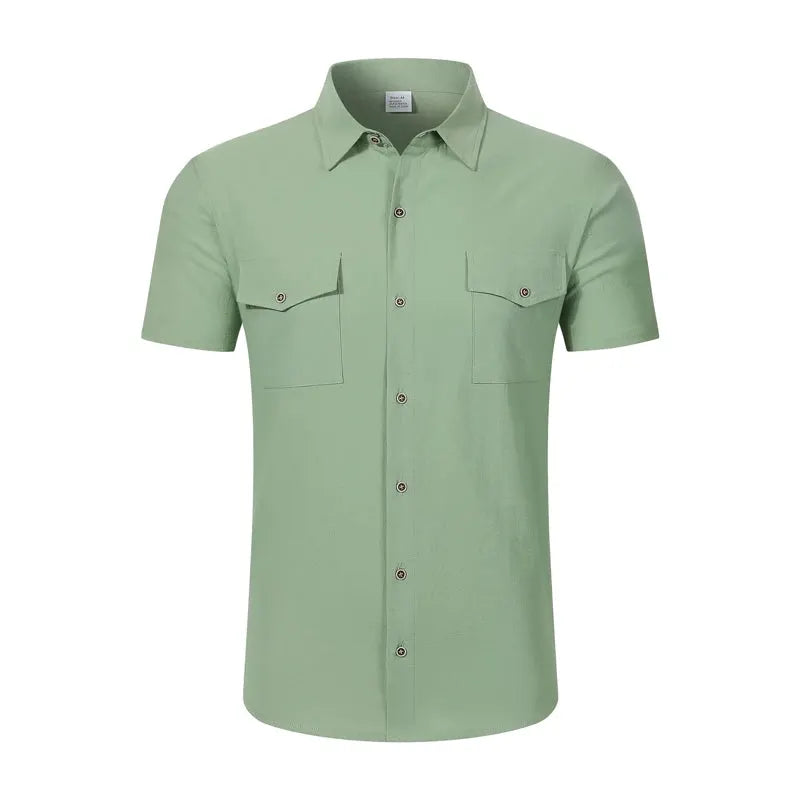 Men's linen button-up short-sleeve shirt in sage green with two chest pockets, Simples Market