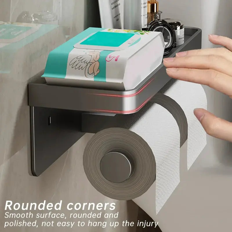 Aluminum alloy wall-mounted toilet paper holder with shelf and phone stand in silver, Simples Market