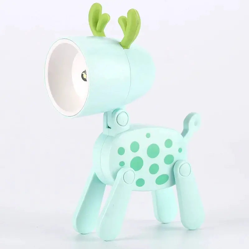 Deer-shaped LED mini night light desk lamp in mint green with foldable legs and spotted body