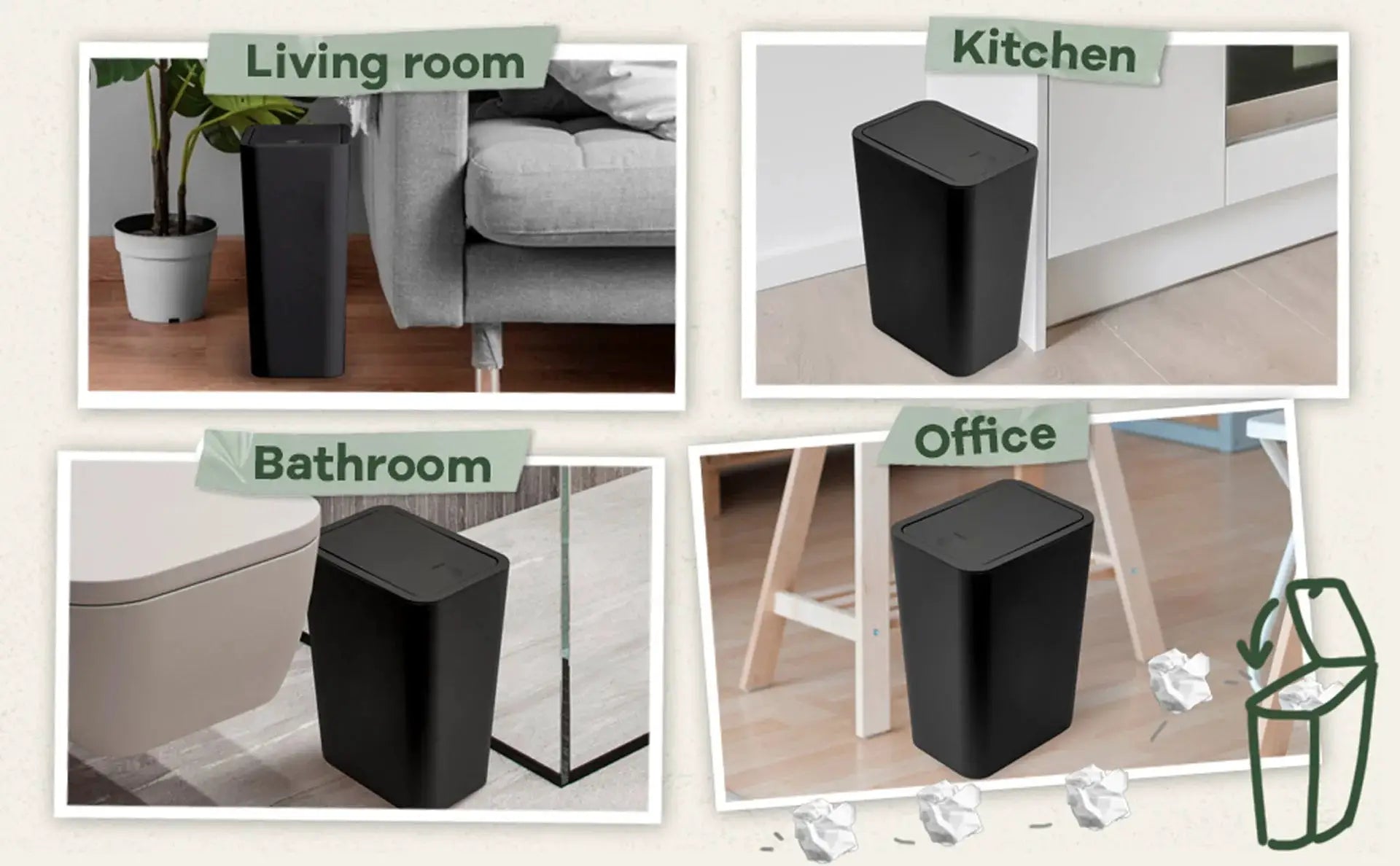 Simples Market 10L black plastic trash can with press-top lid for bathroom, kitchen, or living room