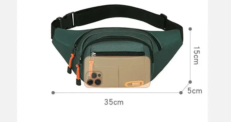 Oxford waterproof waist bag, green nylon fanny pack with front pocket and orange zipper pulls by Simples Market