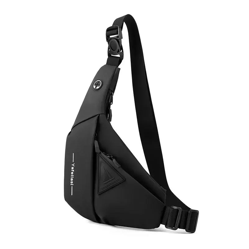 Sling chest bag, compact black crossbody with anti-theft design and front zip pockets.