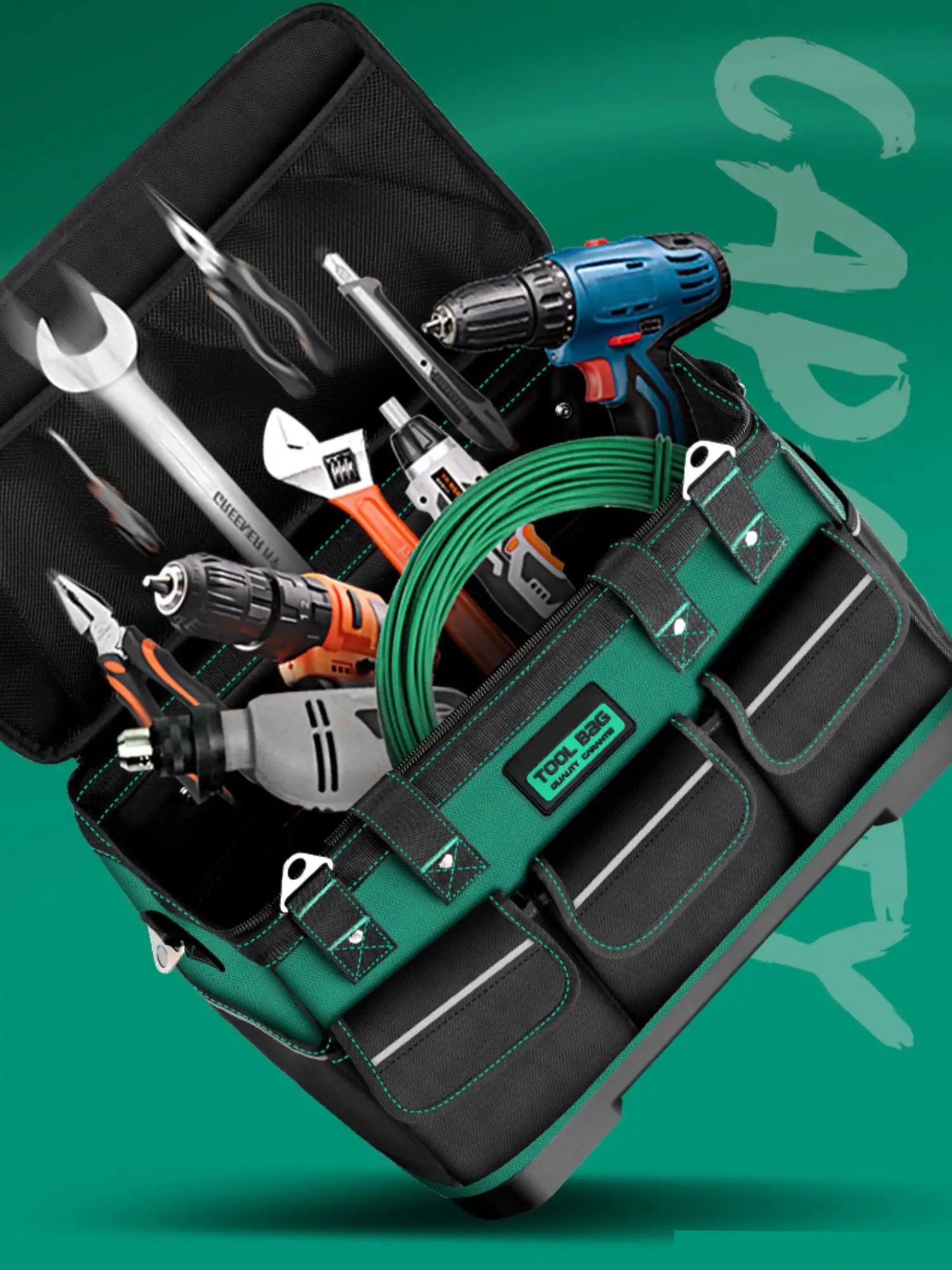 Simples Market 23in tool bag, large capacity, green/black 1680D Oxford, waterproof wear‑resistant electrician toolkit.