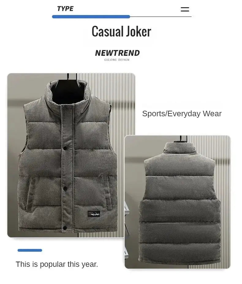Simples Market padded vest for men, grey corduroy sleeveless jacket with front snap closures, front and back views