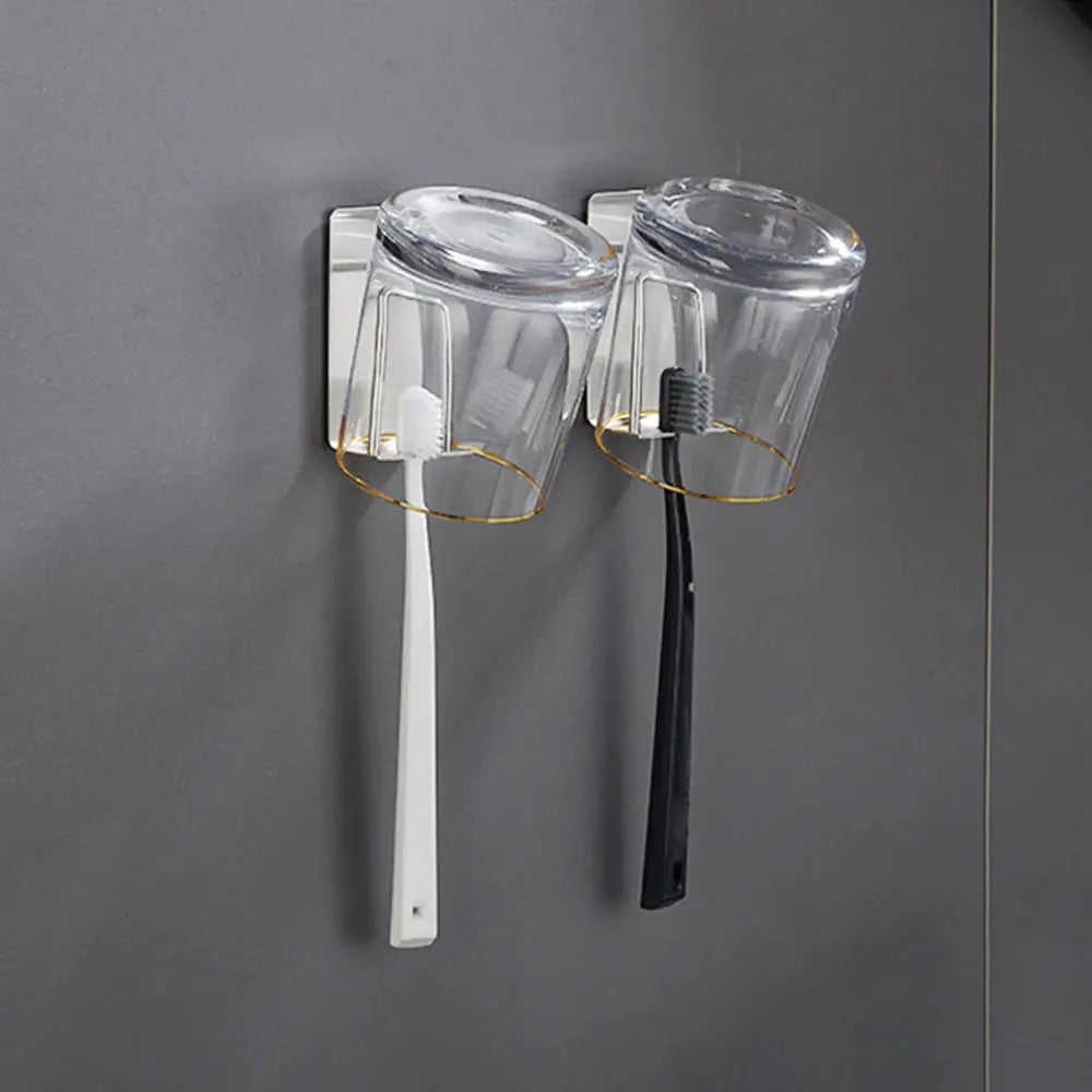 Stainless Steel Wall Mounted Toothbrush And Wash Cup Holder Perforation Free Bathroom Shelf Storage Rack Two In One