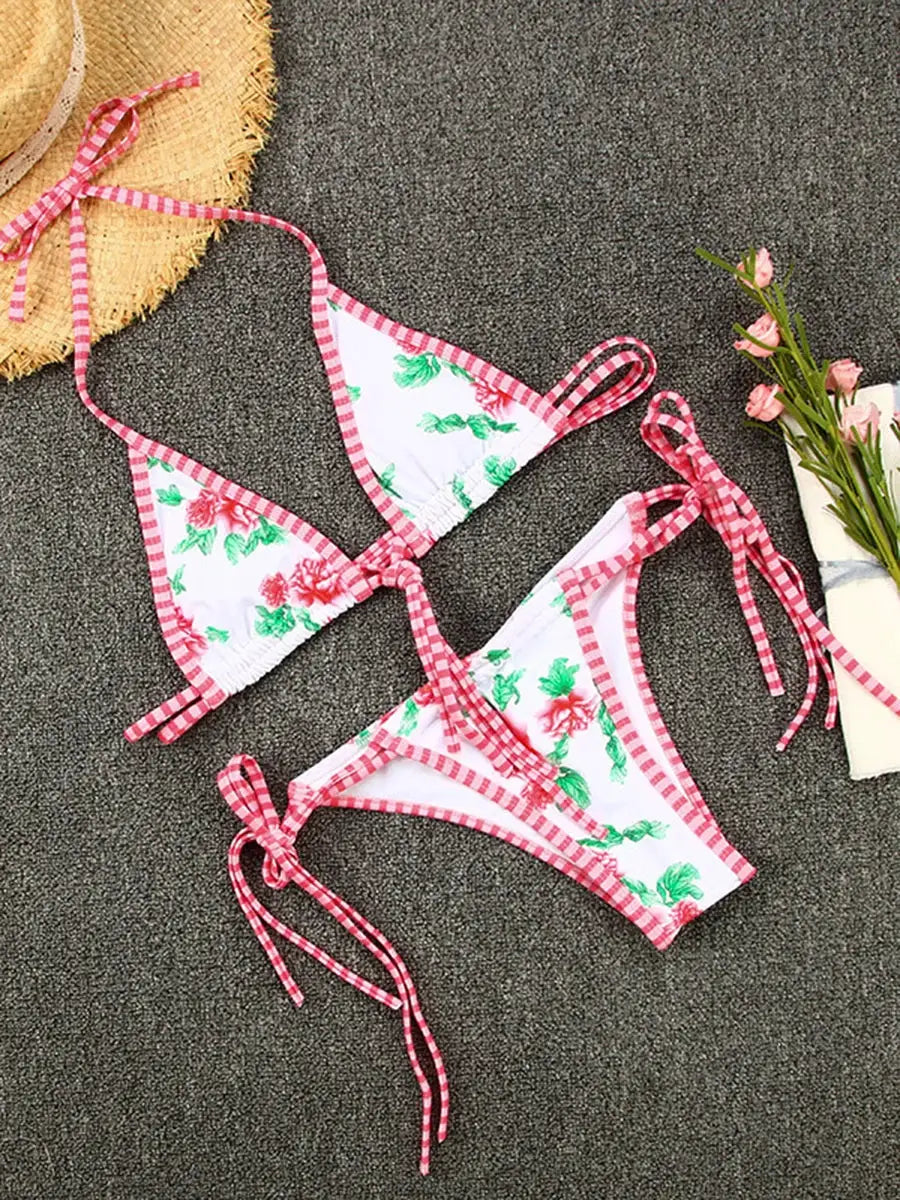 Simples Market sexy women bikini set with floral print and pink gingham trim, two-piece swimsuit