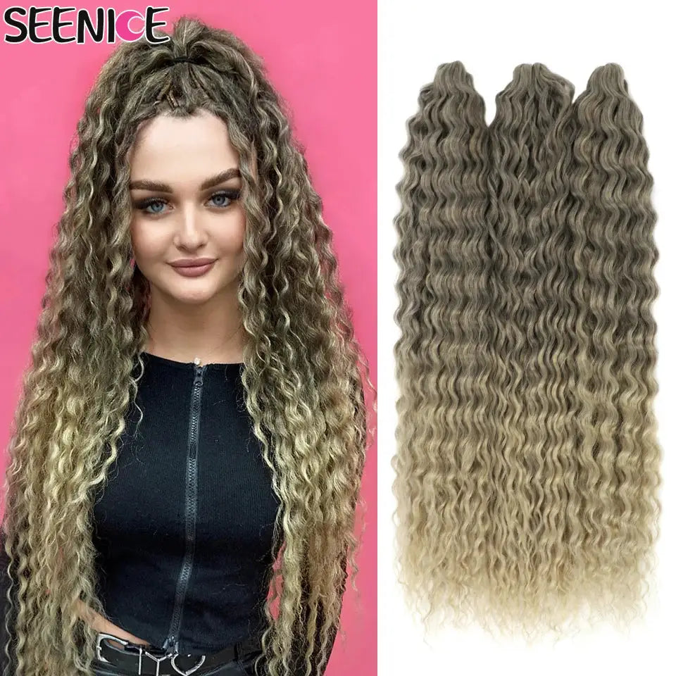 Ariel Curl crochet hair extension - synthetic water-wave afro curls, ombre black-to-blonde, 22in, 3 bundles, SEENICE.