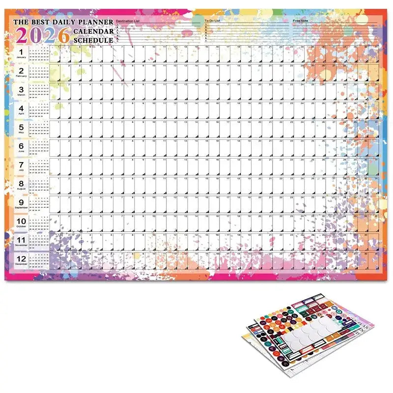 2026 daily calendar wall planner with 12 months and colorful splash border; includes sticker sheets.