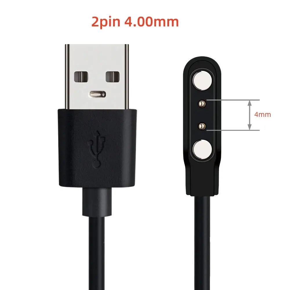 Black magnetic charging cable with USB-A connector and watch charging head; supports 2/4-pin, 2.84/4/7.62 mm spacing.