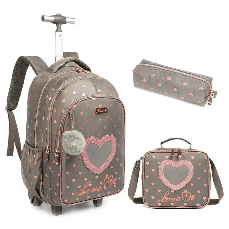 Simples Market children's wheeled backpack set, gray with pink hearts includes rolling backpack and lunch box for girls