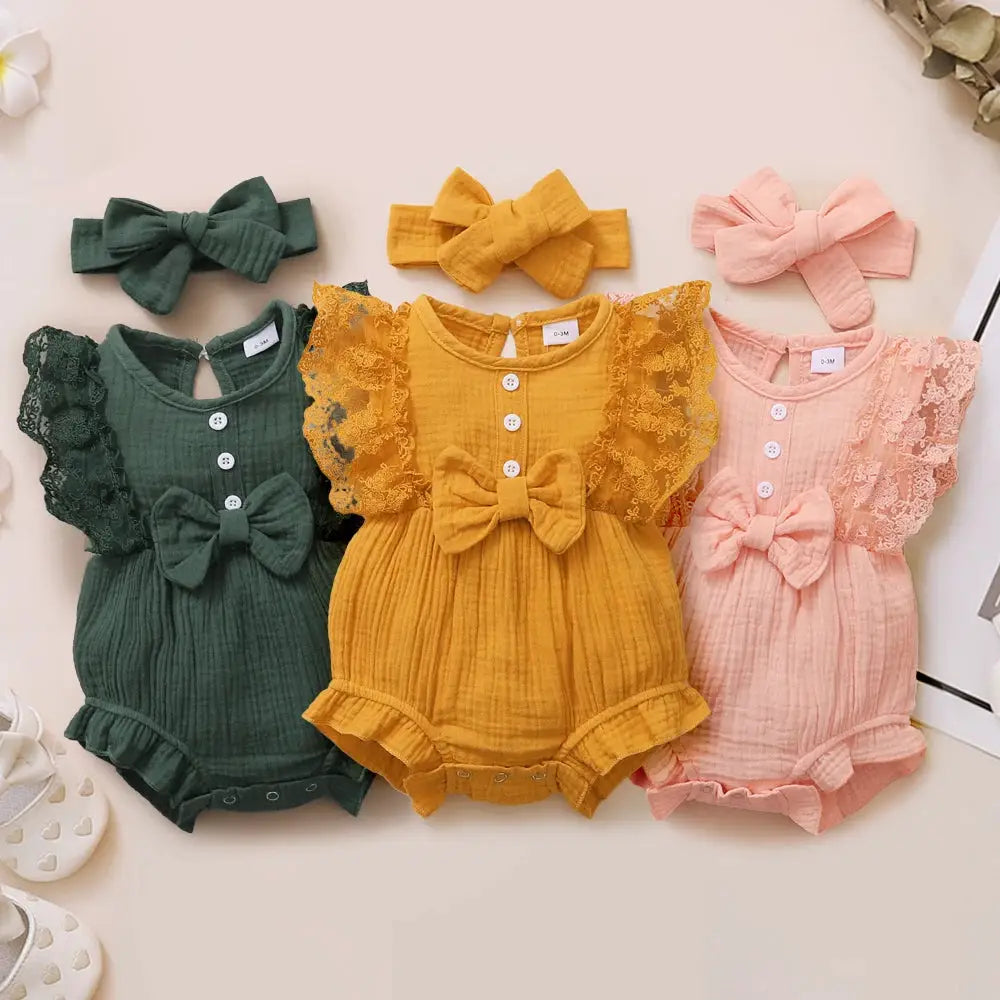 Baby Girl Sleeveless Lace Edge Romper And Headband Set For Newborn To 18 Months Summer Casual Jumpsuit