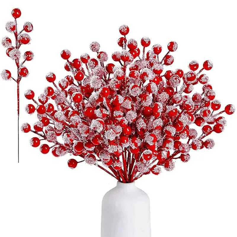 Artificial red holly berry Christmas branches in a white vase with frosted tips, Simples Market