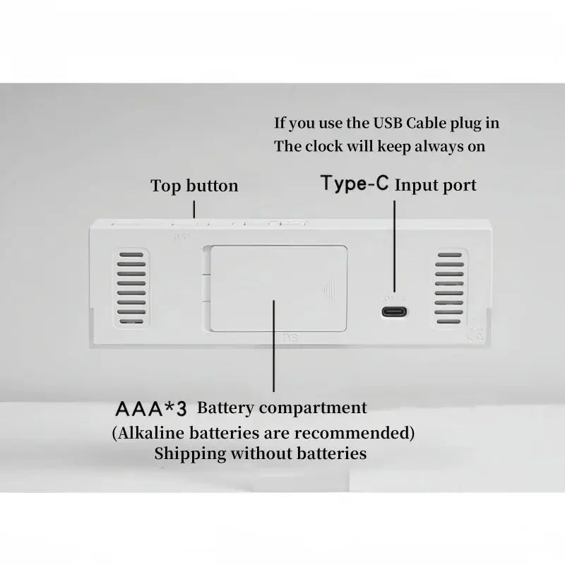 USB powered white digital alarm clock back view with Type-C port, top button, and 3x AAA battery compartment