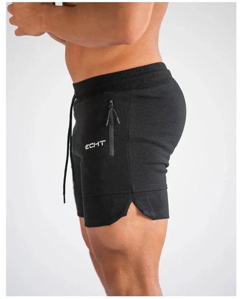Men's black athletic shorts with zip pocket, drawstring waist, ECHT logo.