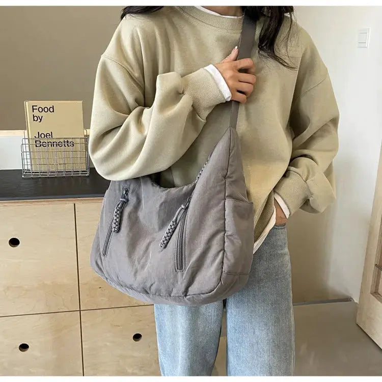 Shoulder bag by Simples Market; gray soft-cloth crossbody with two front zippers, casual Y2K style