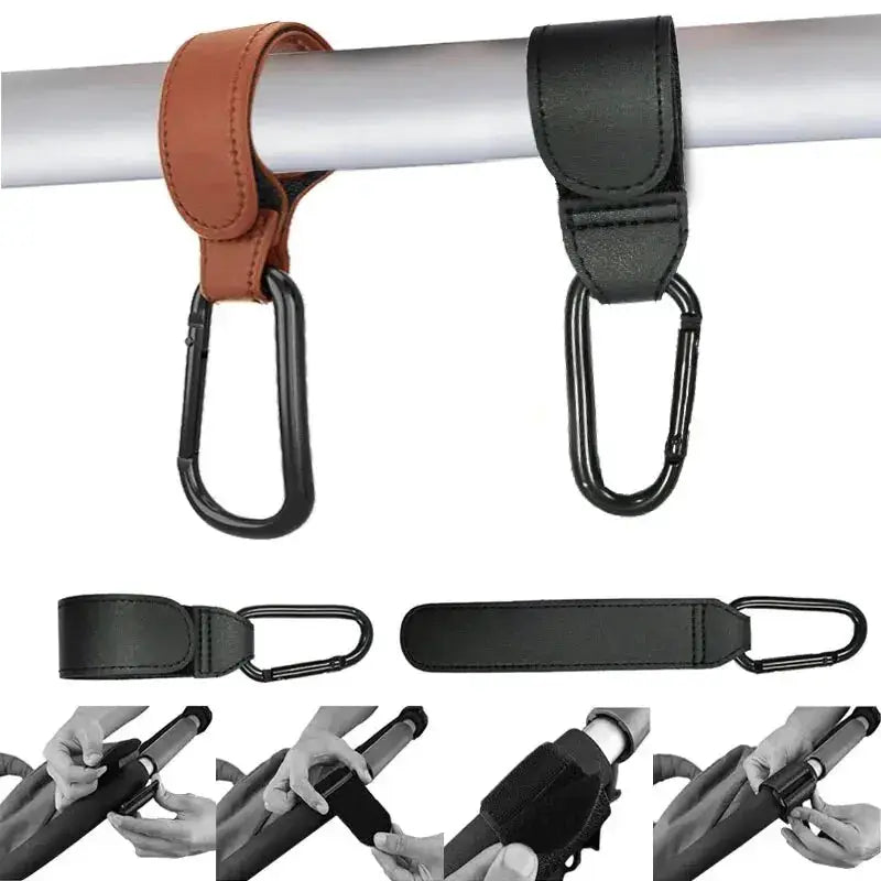 2 Pack PU Leather Stroller Hooks Adjustable Pram Hanger For Diaper Bags Baby Travel Accessories