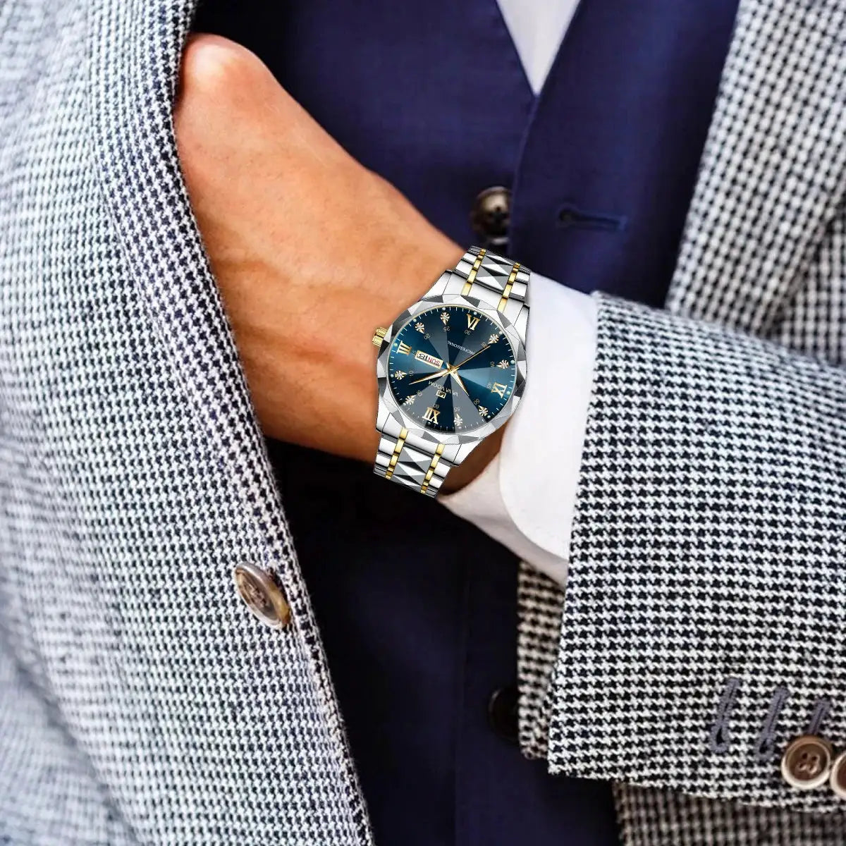 LuxeTime Mens Watch Diamond Luxury Double Calendar Quartz Movement 41mm Blue Gold Stainless Steel Night Glow
