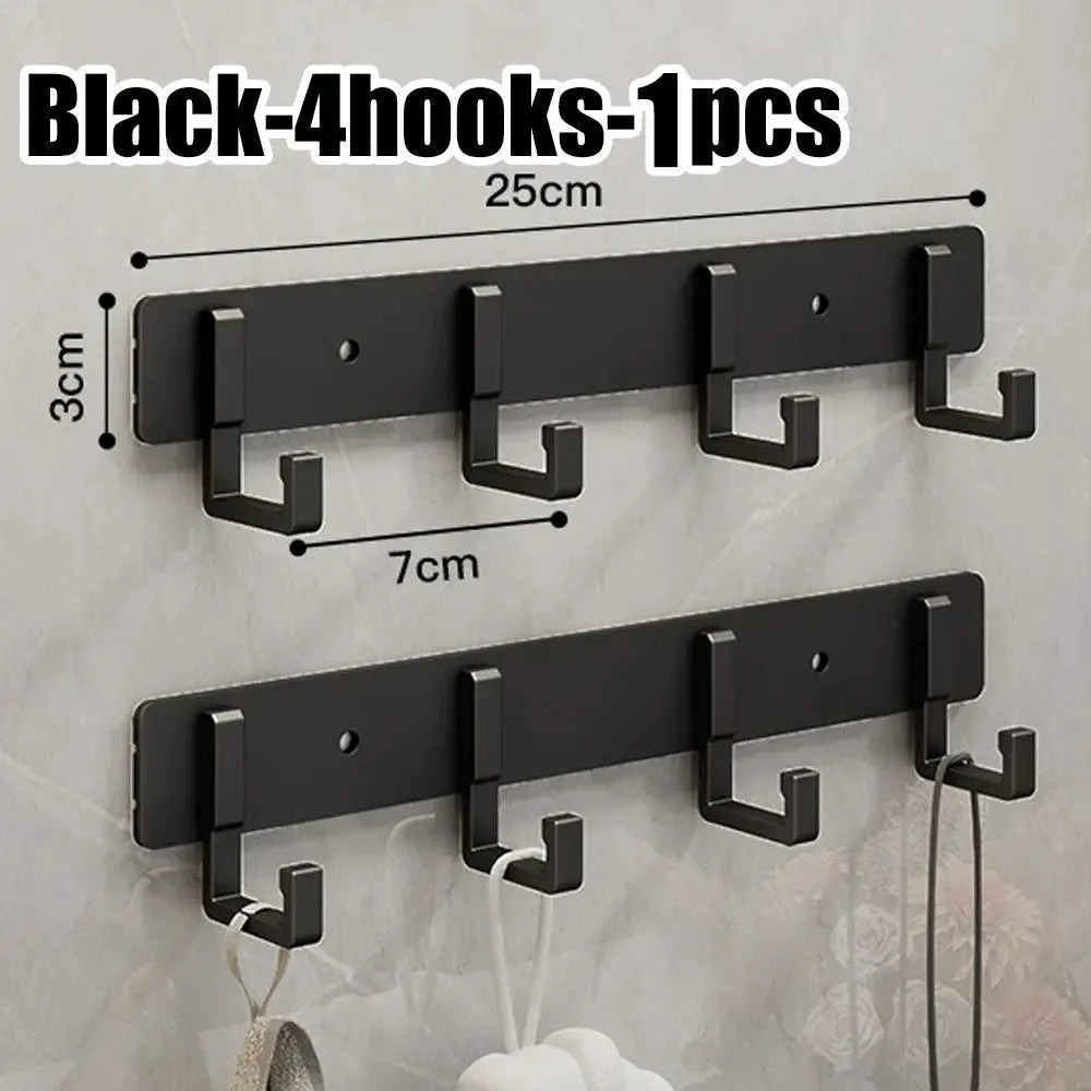 Two black aluminum punch-free hook rails with four hooks each for kitchen and bathroom storage