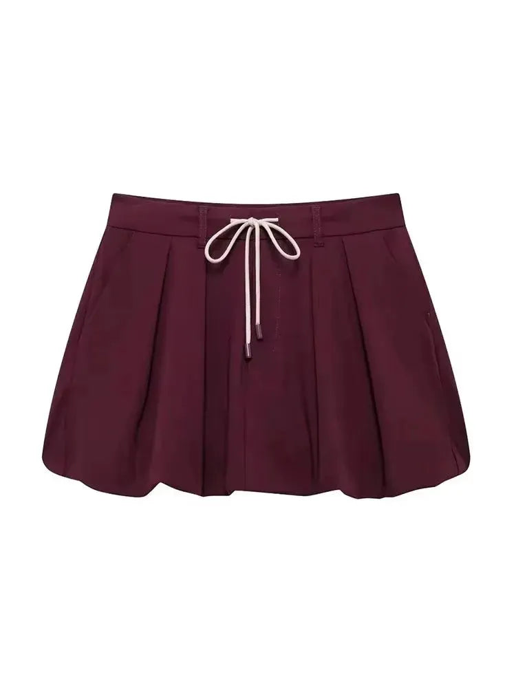 Casual Women Two Piece Set Lace Up Jacket Lantern Sleeve Mini Skirt