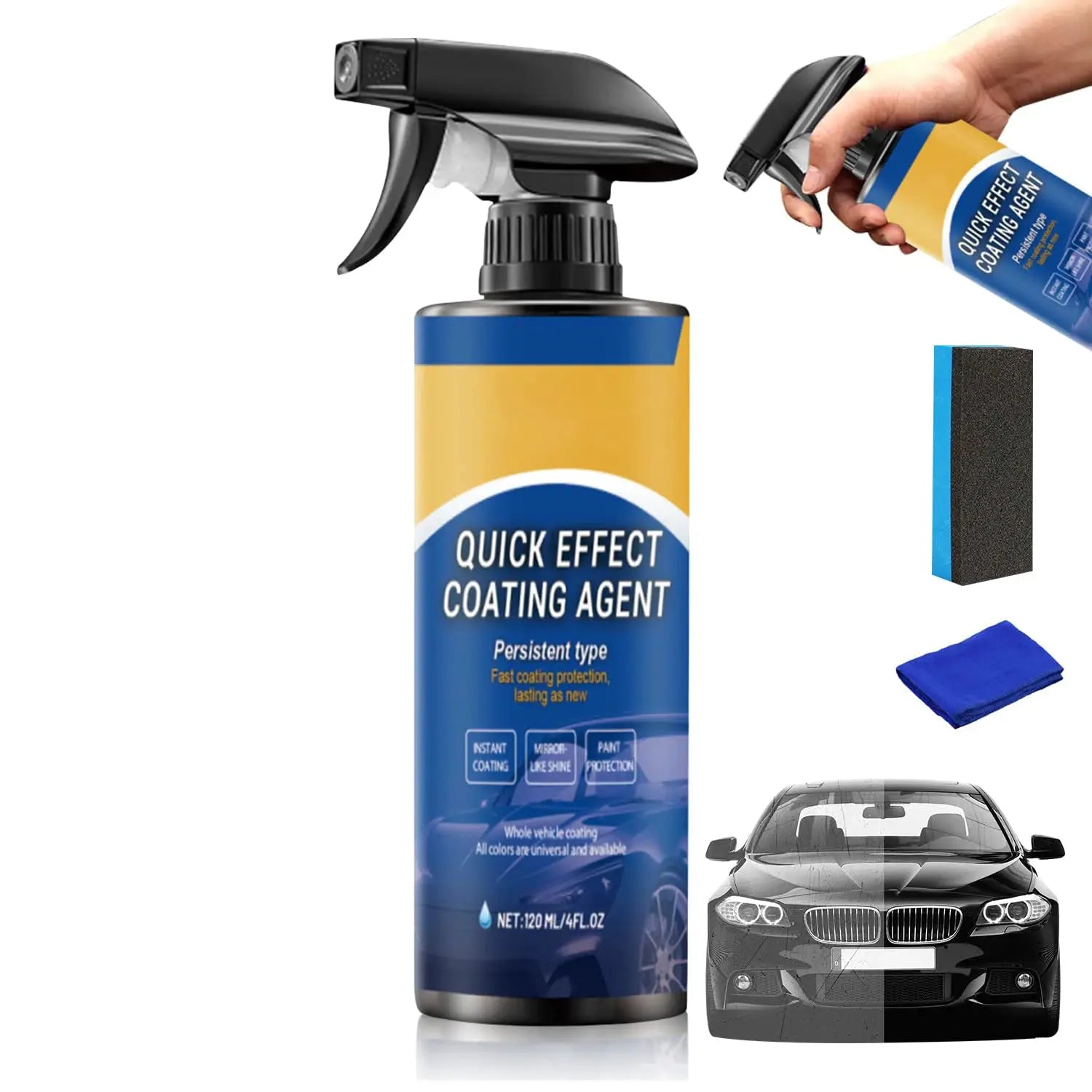 Simples Market Quick Effect Coating Agent car coating spray bottles with blue-yellow label; includes sponge and cloth.