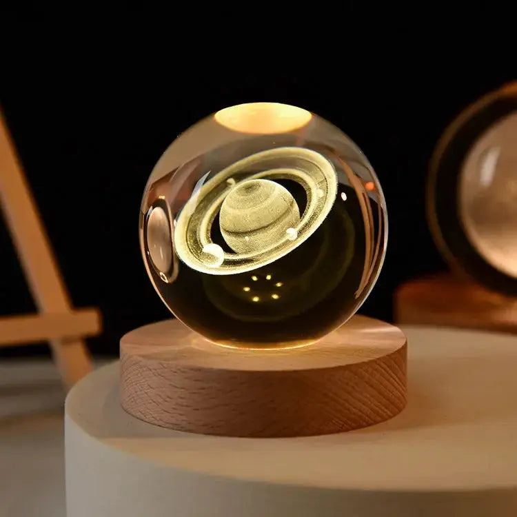 Gift Festival USB LED Night Light with Saturn-like planet inside glass ball on wooden base