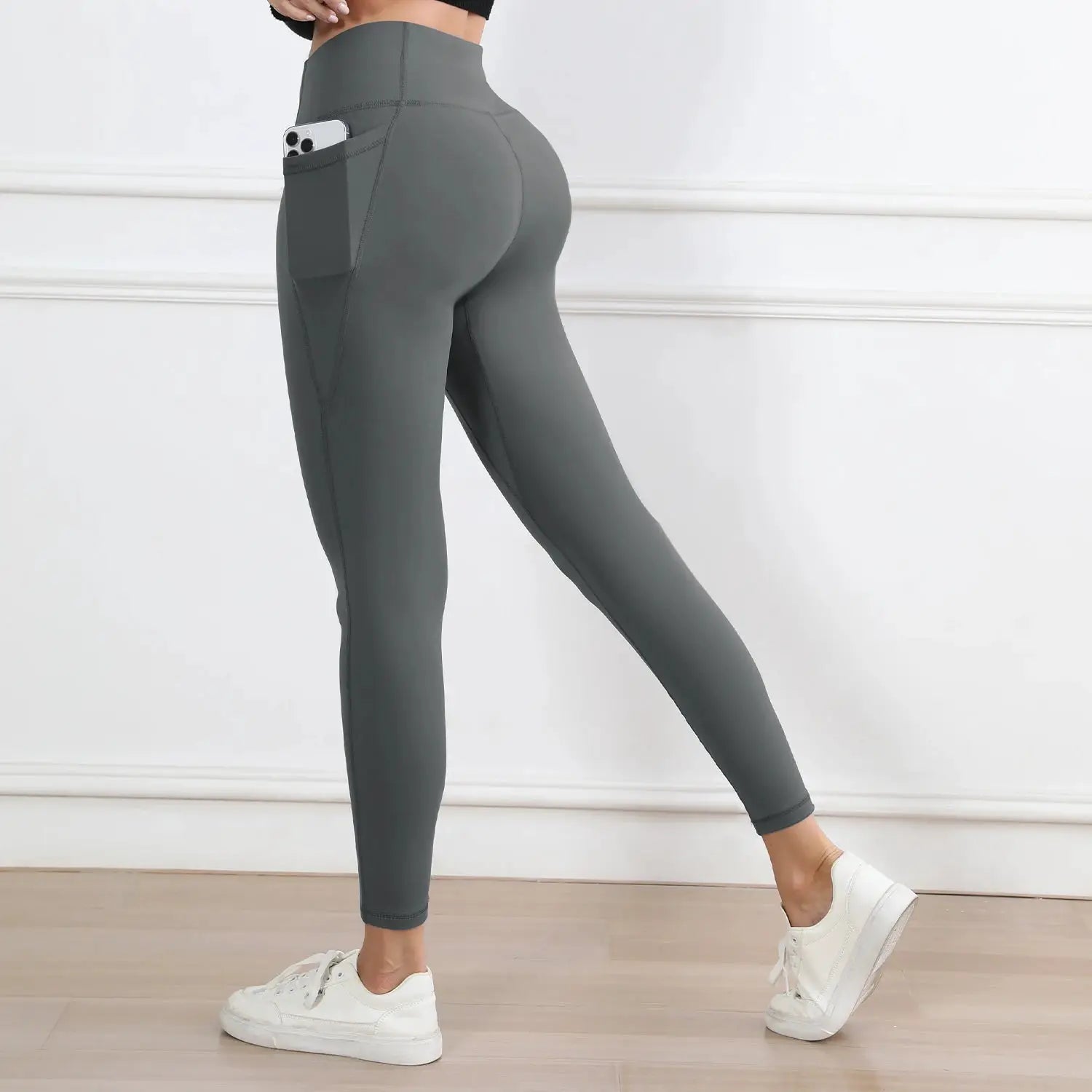 Women leggings with pockets in solid gray, high-waist butt-lifting workout tights by Simples Market