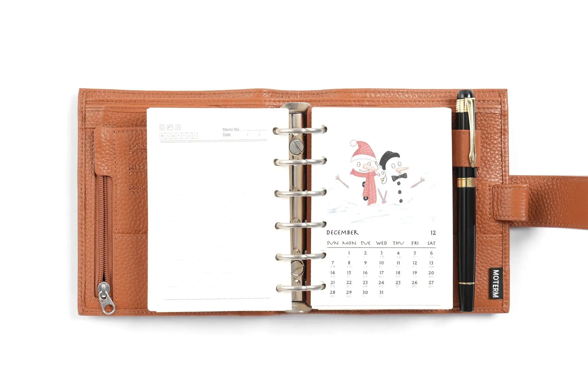 Moterm Luxe 2.0 pocket planner in brown pebbled leather with 30mm rings; includes Moterm pen in loop.