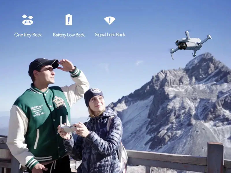 Potensic gray drone under 249g in flight with two people operating a controller near rocky mountains