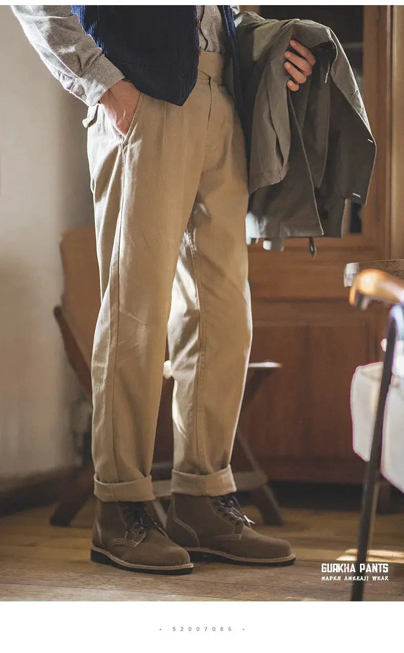 Maden Vintage Khaki Gurkha Pants, khaki cargo work pants with a high-rise waist for men