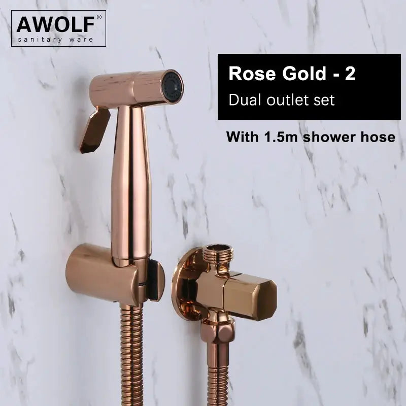 Rose gold stainless steel handheld bidet sprayer set with dual outlets and 1.5m shower hose by AWOLF