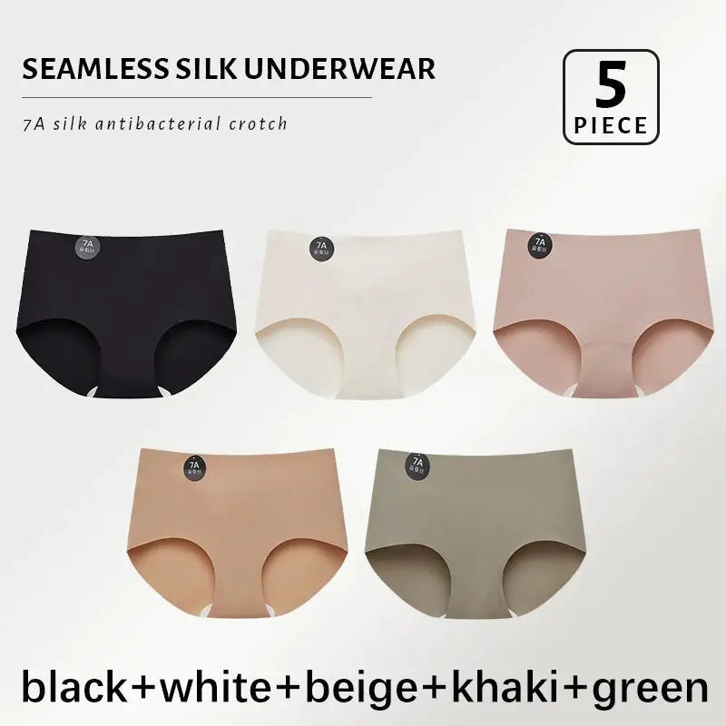 Simples Market 5-piece seamless mulberry silk panties set; ultra-thin, high-elastic panties in black, white, beige, khaki, green.