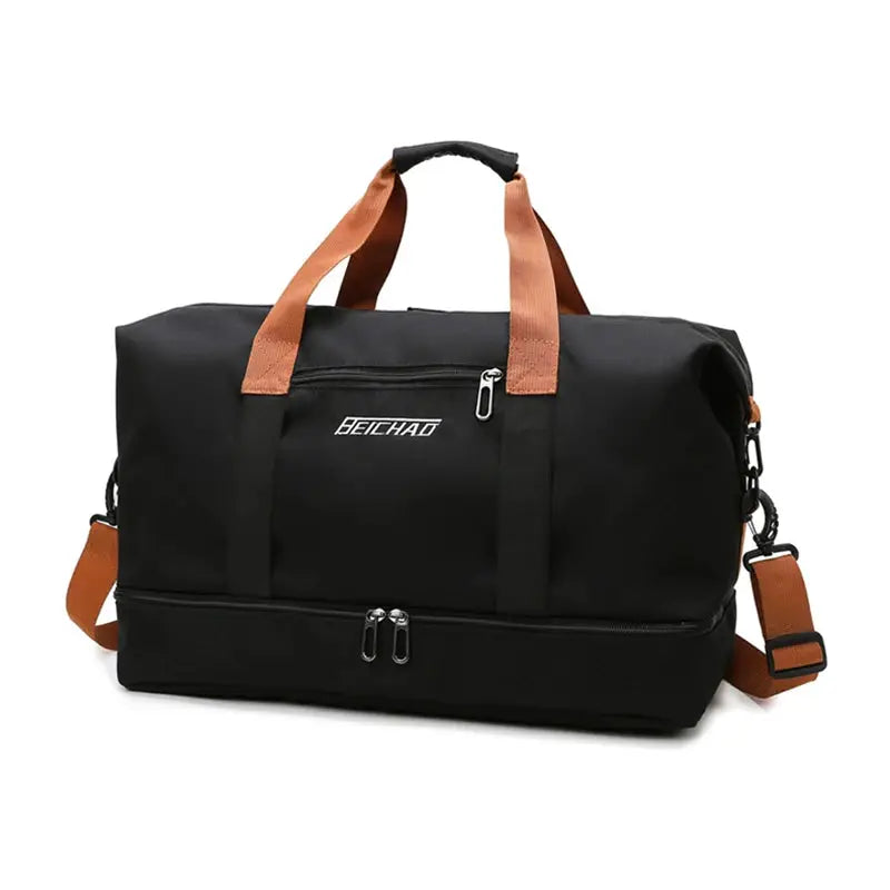 Expandable travel duffle bag BEICHAT, black with brown handles and detachable shoulder strap, large capacity