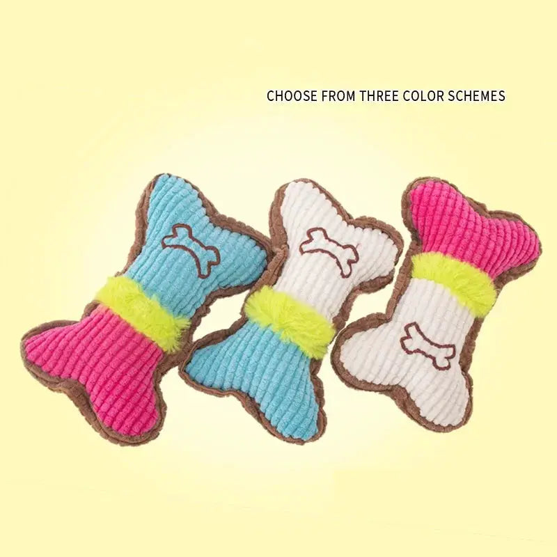 Plush dog bone squeaky toy set, three bone-shaped chew toys in blue, white and pink with lime bands