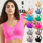 Women's plus-size breathable mesh sports bra, seamless non-wire no-pads ribbed crop top in pink with assorted colors