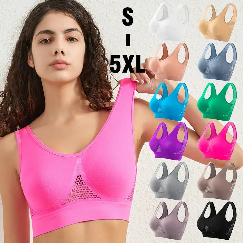Women's plus-size breathable mesh sports bra, seamless non-wire no-pads ribbed crop top in pink with assorted colors