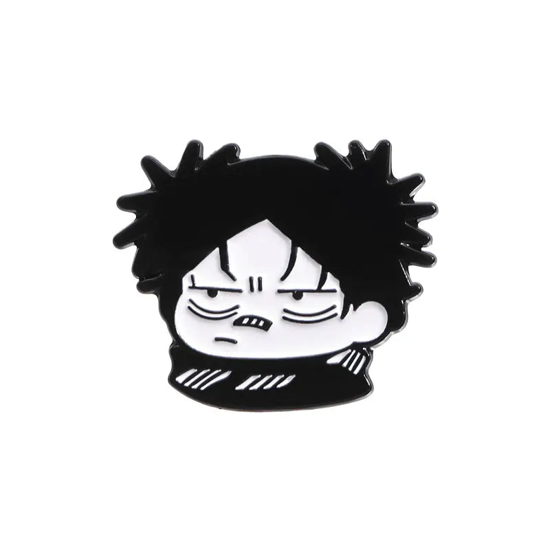 Cartoon anime enamel pin featuring a sleepy, spiky-haired character with a scarf in black and white.