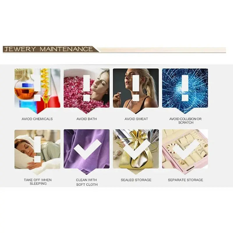 Jewelry maintenance infographic with care tips: avoid chemicals, bath, sweat; remove ring when sleeping; store sealed.