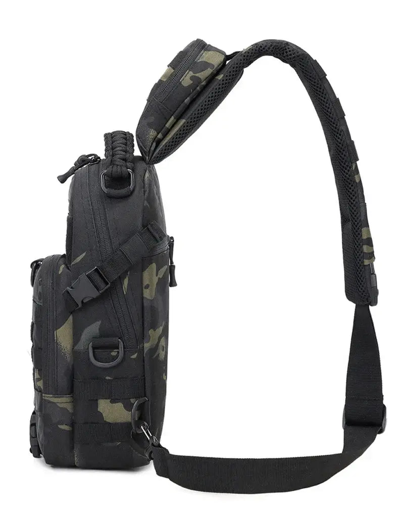 Tactical chest bag with MOLLE sling in camouflage pattern, multiple pockets and adjustable black shoulder strap