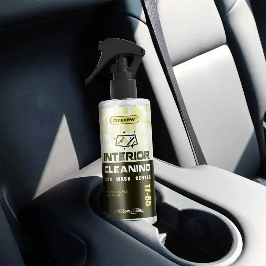 Ryekew interior car cleaner spray bottle with black trigger sprayer in a car cup holder